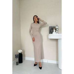 Vestido largo beige al por mayor, ceñido al cuerpo, con cintura natural, cuello redondo, silueta tipo tubo, tela transpirable - Product Image 4