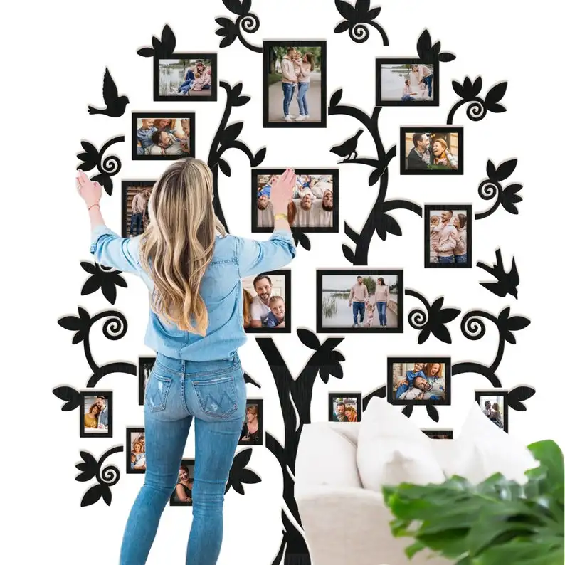Árbol familiar con marcos de fotos para decoración de pared, Adhesivo acrílico de madera 3D para decoración del hogar, pegatina de árbol familiar para pared, venta al por mayor