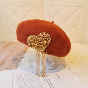 Béret Cœur en Strass à Pompom pour Femme, Béret de Peintre Rétro en Laine, Béret Haut de Gamme en Peluche Scintillant avec Cœur et Diamants - Product Image 5