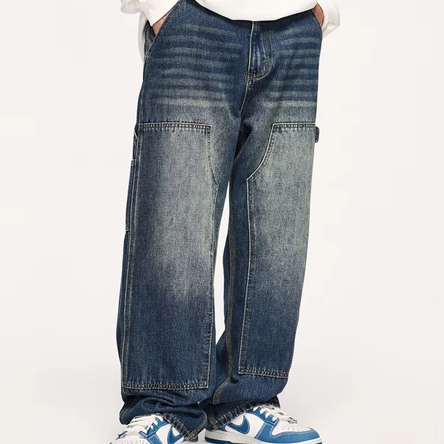 Y2K Style Retro Blue 100% Cotton Baggy Streetwear Jeans for Boys High Hip Hop Cartoon Embroidery Loose Straight Light Summer Men