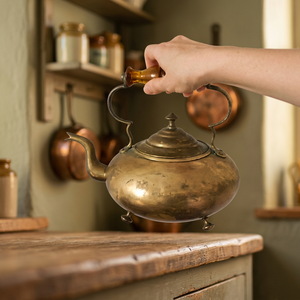 Bouilloire à thé vintage en laiton avec poignée et couvercle en bois, pot à eau en métal - Product Image 4