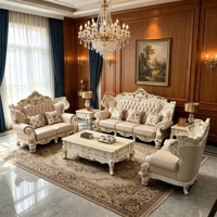 Ensemble de canapés classiques européens en bois massif sculpté et cuir, garniture dorée, capitonné, pour villa, salon, mobilier de maison, vente en gros ODM