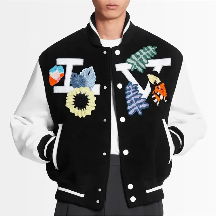 HL Garment Custom men's jackets coats embroidery two tone colors leather sleeve baseball letterman varsity jacket for men
