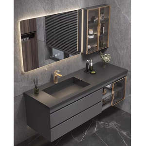 Hotel Lavatory <b>Storage</b> Cabinet Champagne Vanity Set Wooden <b>Bathroom</b> Cabinet <b>With</b> Led <b>Mirror</b> - Product Image 5