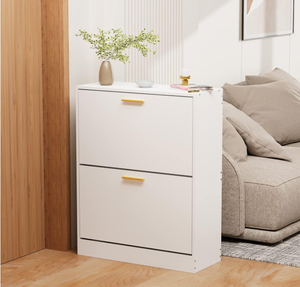 Meuble à chaussures pour entrée, fin, blanc, organisateur de chaussures dissimulé avec 2 tiroirs rabattables, en bois, étroit, 2 niveaux, autoportant - Product Image 3