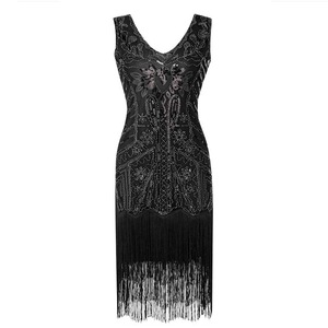 Vintage 1920s Gatsby Evening Dress V-Neck <b>Sequined</b> Tassel Skirt Women's Party Dress Handmade Vintage Style - Product Image 3