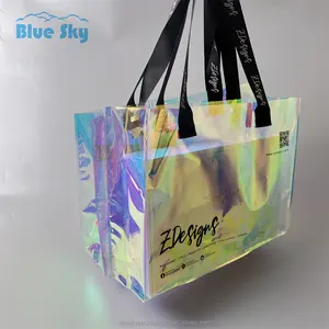 Uso repetido de la bolsa de mano de playa holográfica de PVC Bolsa de mano de láser transparente Bolsa de compras de arco iris holográfica transparente con logotipo