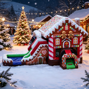 Mignonne maison de Noël en PVC en forme de maison de pain d'épices, château gonflable avec toboggan pour enfants, idéal pour les festivals, les divertissements et le jeu. - Product Image 1