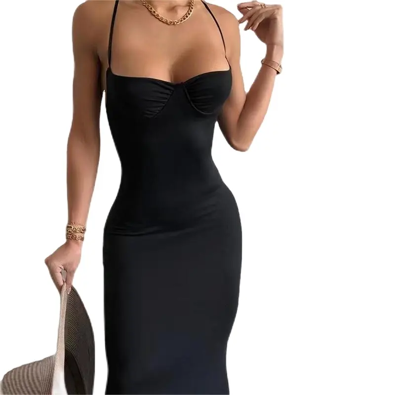 Summer 2023 explosive new crossover slip backless swing backless hollow out black elegant sexy cute wedding party summer dress