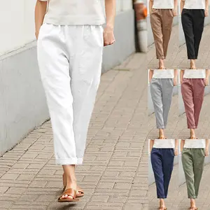 Celana Panjang Wanita Katun dan Linen Kasual, Celana Panjang Kaki Lurus Warna Polos dengan Saku Besar 2021