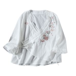 Traditional Chinese Cotton Linen Embroidered Mid Sleeve Top Women Zen Style Tea Dress Green Blue White - Product Image 5