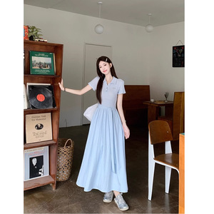 French Style Blue Fitted Waist Dress Women Polo Collar Tie Waist Long Dress Daily Casual Wear - Product Image 4