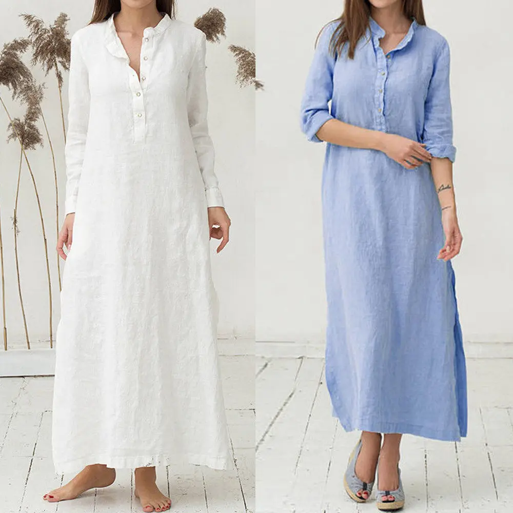 Oversized Loose Vintage Midi Dresses Splits Maxi Shirt Dress with Pocket Cotton Linen Robe for Women