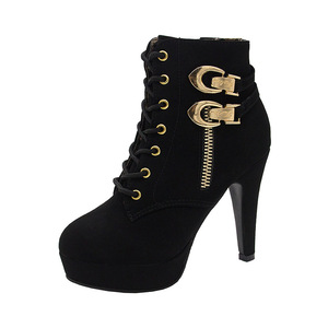 Bottines à talons hauts et épais pour femmes, noires, à brides croisées, bout rond, pour femmes - Product Image 4