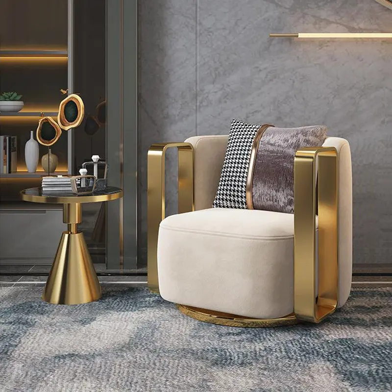 Modern kumaş salonu döner koltuk lüks altın metal çerçeve kadife tekli koltuk oturma odası mobilya için