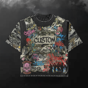 T-shirt personnalisé imprimé en coton épais 300 GSM, coupe oversize courte et carrée, effet délavé, avec strass, pour homme - Product Image 2
