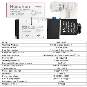 Válvula Neumática Eléctrica Heschen 4V210-06 220VAC de 5 Vías y 2 Posiciones, Bobina Simple PT1/8, Aluminio - Product Image 6