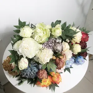 F-0007 Buquê de peônia de seda com 3 cabeças de flores artificiais vintage com haste verde para decoração de casamento dos namorados