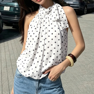 Wholesale Y2K Sexy Streetwear Polka Dot Halter Neck High Collar <b>Bubble</b> Hem Tank <b>Top</b> for Women - Product Image 3