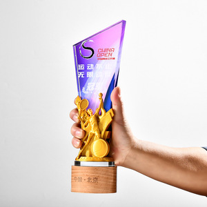 Cúp cầu lông in 3D vàng bạc đồng năm 2025, in màu toàn phần, cúp pha lê, đế gỗ - Product Image 2