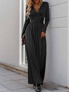 Abito da donna elegante Casual da festa di media lunghezza per la primavera e l'autunno, abito Sexy a <span class=keywords><strong>maniche</strong></span> <span class=keywords><strong>lunghe</strong></span> a V in tinta unita - Product Image 4