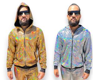 Survêtements holographiques réfléchissants en polyester pour hommes – Tenue de festival, vêtements de fête scintillants, costume de Mardi Gras, soirée <span class=keywords><strong>disco</strong></span> TV - Product Image 1