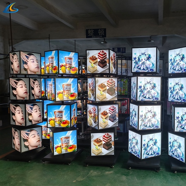 Floor Stand Vertical Design Square Rotary Cube Advertising Display Signboard LED Rotating Light Box for Exhibitions