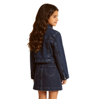 Conjunto de mezclilla a juego para hermanas de fabricante OEM A&J: Chaqueta corta y falda acampanada con botones para niñas, color azul marino oscuro con botones dorados.