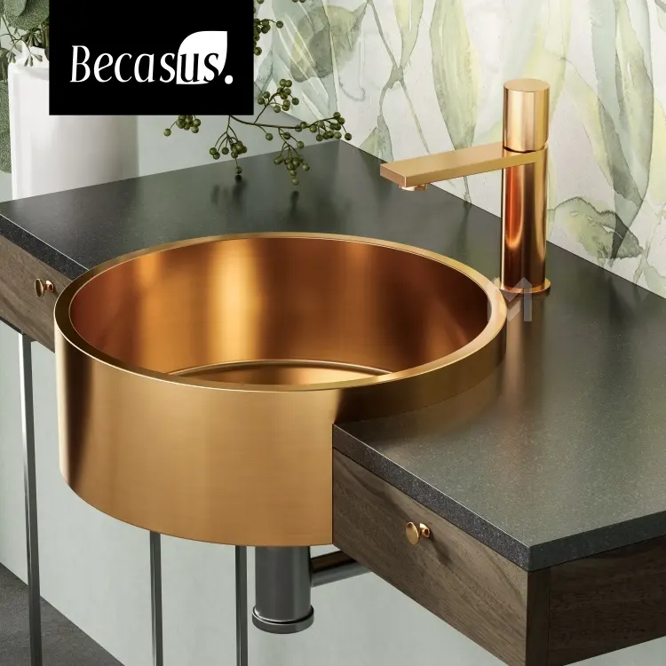 Lavabo moderno a ciotola singola 304 in acciaio inossidabile Semi-bancone in oro rosa spazzolato Set lavabo da bagno