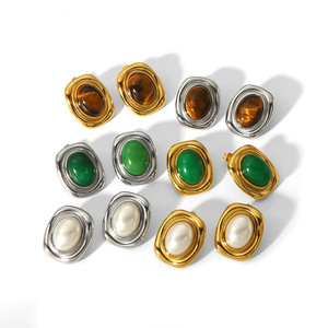 Fashion <b>Stud</b> Earrings Natural Stone Inlaid <b>Titanium</b> Steel Bezel Setting For Women Gift Jewelry Yiwu Origin - Product Image 5