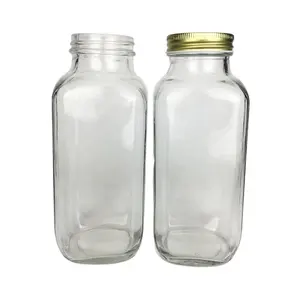 Оптовая продажа, французская квадратная прозрачная стеклянная бутылка для сока с крышкой, 500 мл
