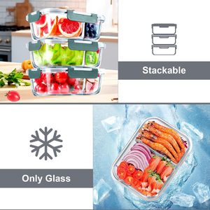 5個セット ガラス製ミールプレップ容器 2コンパートメントセット 1040ml 密閉ガラス食品保存容器 蓋付き、電子レンジ・オーブン対応 - Product Image 5