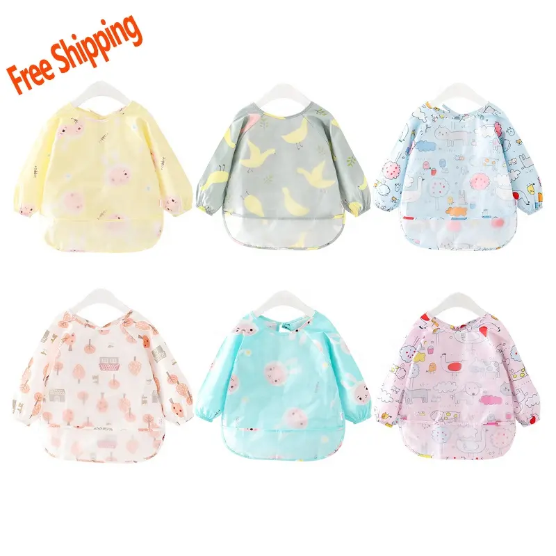 Baby waterproof gowns children anti-dressing baby eating clothes children long-sleeved pocket waterproof long sleeved baby bib