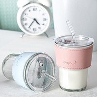 Gobelet à café en verre de 450 ml avec manchon en cuir pastel, sans BPA, avec paille en verre et couvercle à bec verseur, logo personnalisé, mug esthétique pour cafés urbains