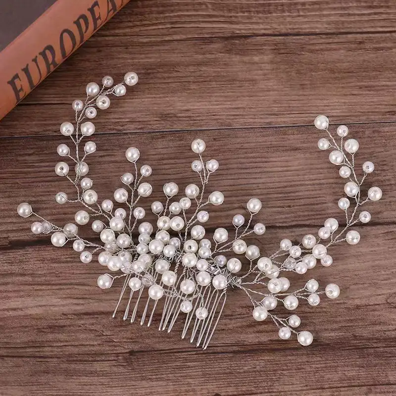 Handmade Có Dây Thạch Pha Lê Hạt Ngọc Trai Hoa Cô Dâu Tóc Lược Cưới Headpieces Phụ Kiện Tóc