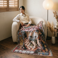 Couverture Jacquard Tissée Personnalisée Motif Anime 130x160cm en Polyester Coton avec Bordure à Pompons, Housse de Canapé Quatre Saisons, Jeté de Lit, Tapisserie