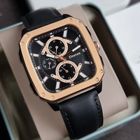 Montre à quartz pour homme, design tendance, multifonction, chronographe, bracelet en cuir, lunette en or rose, acier inoxydable, carrée, étanche