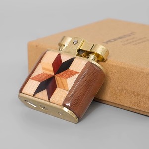 <b>Windproof</b> <b>Lighter</b> Square Wood Inlay Design Side Sliding Wheel Cigar Accessory Portable Men's Gift - Product Image 2