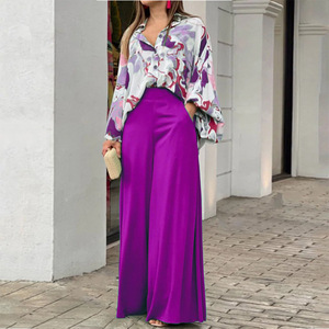Nuovo 2022 estate ampia da <span class=keywords><strong>donna</strong></span> ampia <span class=keywords><strong>camicia</strong></span> Casual stampata pantaloni larghi due pezzi Set completo Drop Shipping Hot Sell - Product Image 4
