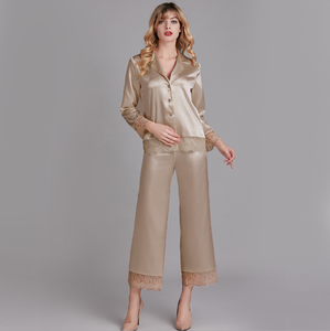 De manga larga de seda de alta calidad sólido pijamas de las mujeres conjunto de ropa de dormir Homewear noche trajes - Product Image 3