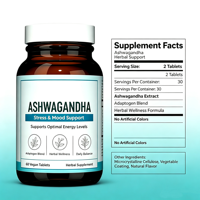 Comprimés d'Ashwagandha OEM avec gingembre fermenté et probiotiques, 60 unités, quantité pour 2 mois, complément alimentaire végétalien
