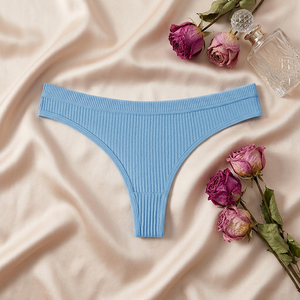 Tanga de algodón acanalado azul al por mayor para mujer, bragas de talla grande de color liso, transpirables, de talle bajo, tipo T-back, OEM ODM - Product Image 3