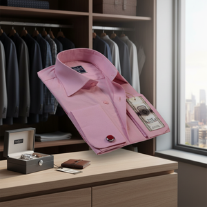 Chemise Rose Boutonnée à Manches Double Revers Coupe Slim - Product Image 3