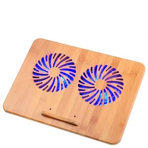Soporte de bambú para computadora portátil con escritorio para computadora portátil ajustable, Equipado con 2 ventiladores de enfriamiento silenciosos y computadora de escritorio portátil con luz azul - Product Image 1