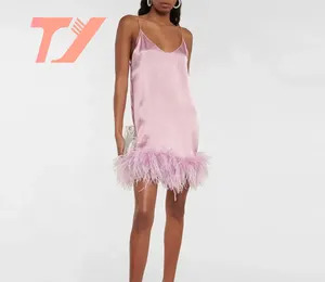 TUOYI design high quality custom silk satin pink slip feather dance dress camisole cami dresses for women