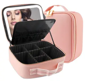 Saco Organizador da composição com grande espelho iluminado Multi-Function Make Up Saco De Armazenamento Com Espelho Leve Led Travel Cosmetic Bag