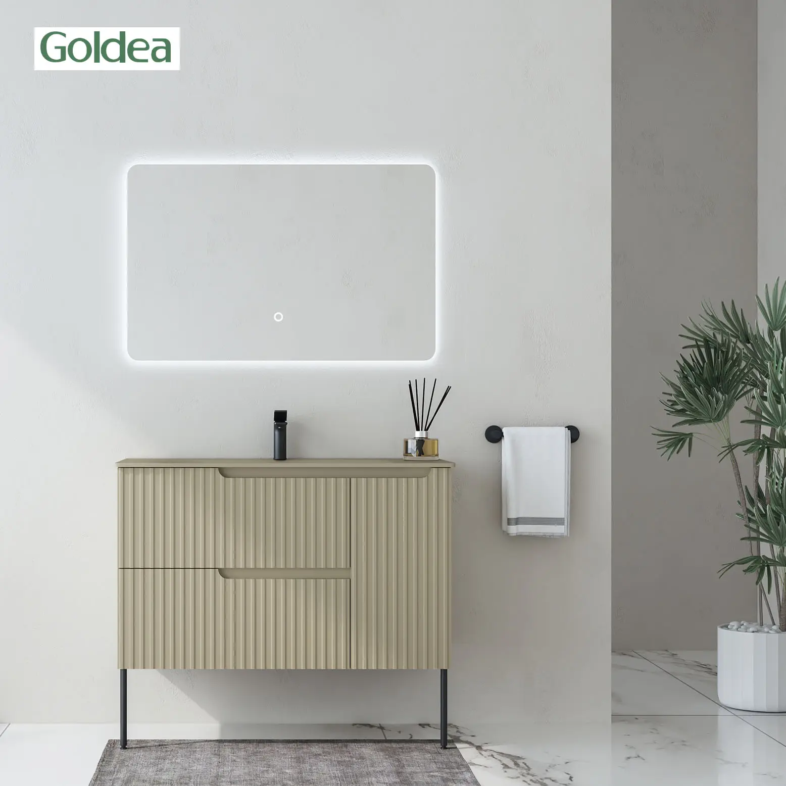 Goldea 2024 exposition de foire de canton moderne peinte armoires de salle de bain design vague gravées