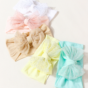 5 pièces nouveau bandeau européen américain doux élastique en Nylon <span class=keywords><strong>maille</strong></span> arc avec dentelle <span class=keywords><strong>Turban</strong></span> Style cheveux accessoires pour bébé filles enfants - Product Image 6