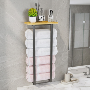 Toallero de baño, toallero montado en la pared, estante de madera, soporte para toallas, toallero de metal, organizador de toallas para baño - Product Image 4