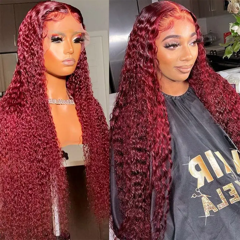 180% 99j Burgundy Deep Wave 13x4 Lace Front Human Hair Wigs Red Colored 4x4 Frontal Closure Wig Curly T part Wig Remy For Women